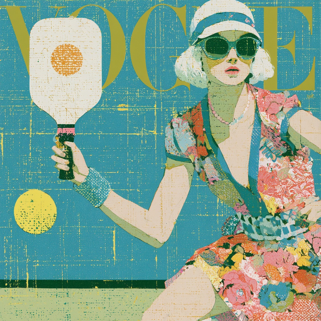 Fashion editorial illustration of a pickleball player in floral clothes