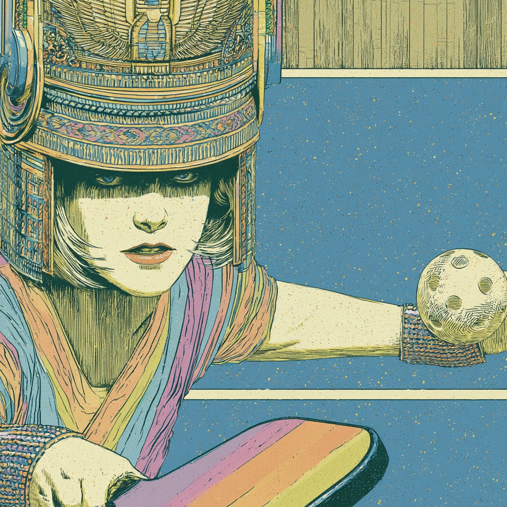 Illustrated pickleball court warrior in an ornate helmet