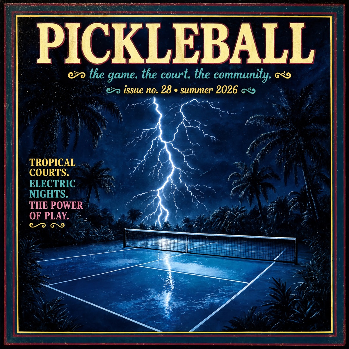 Vintage pickleball magazine cover with lightning over a tropical court