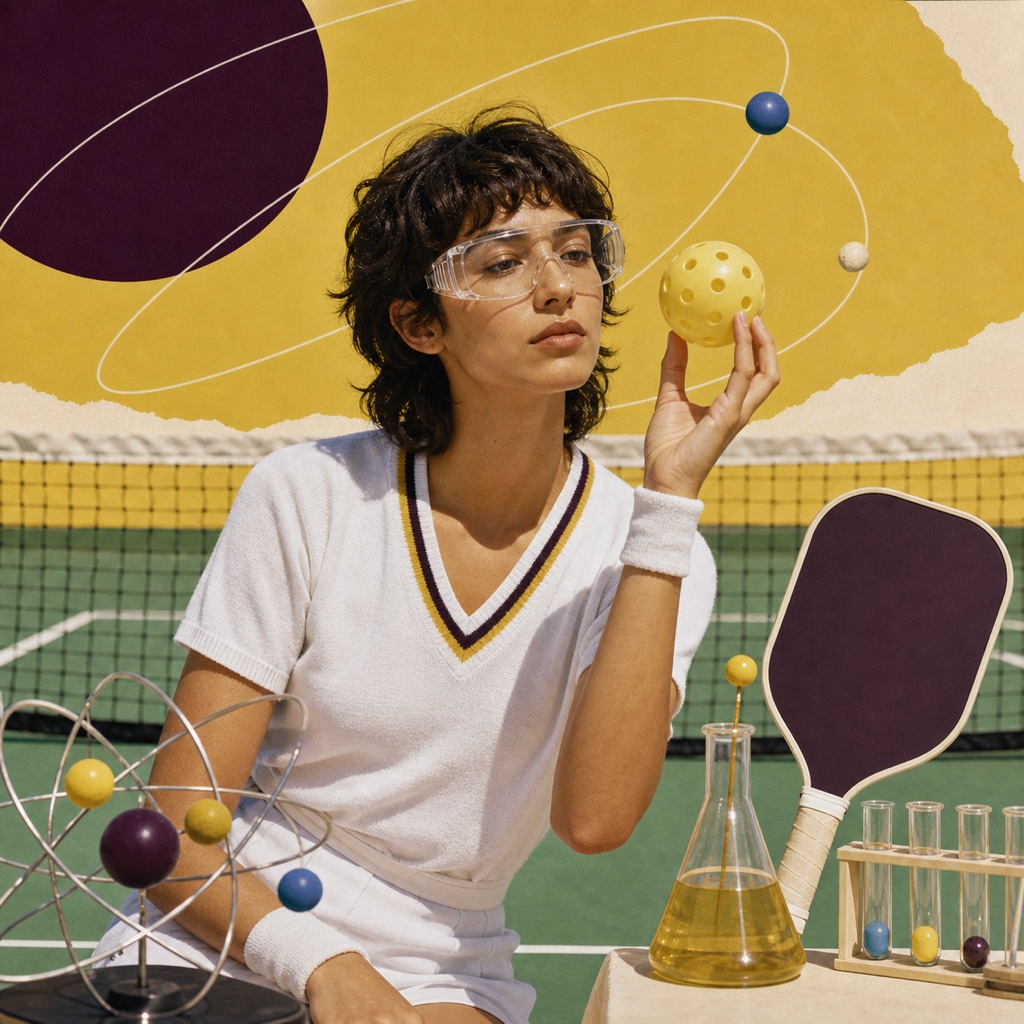 Fictional pickleball player conducting a colorful courtside experiment