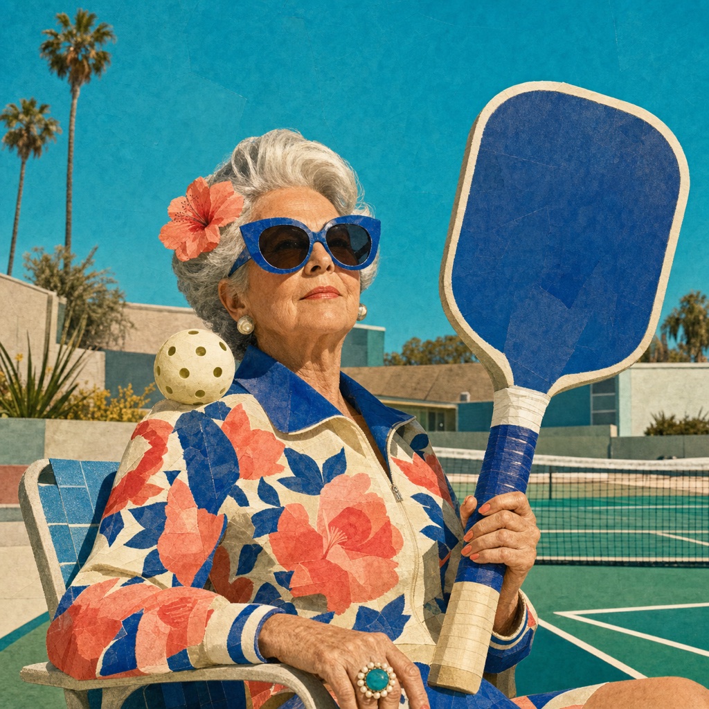 Fictional older pickleball player holding a giant blue paddle