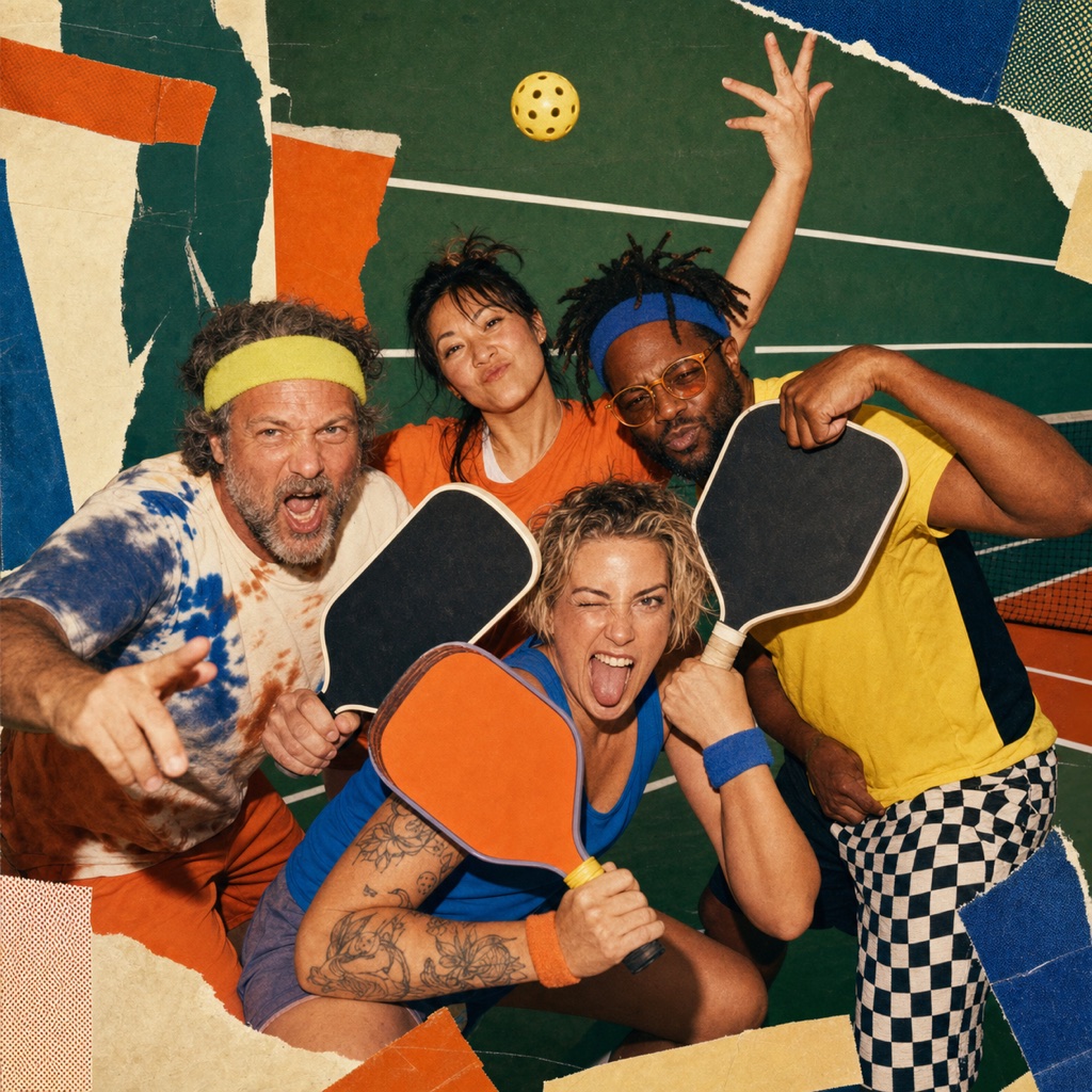 Fictional group of four exuberant pickleball teammates